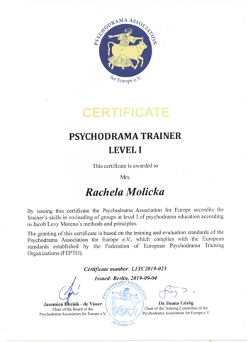 Certyfikat trenera psychodramy - R. Molicka